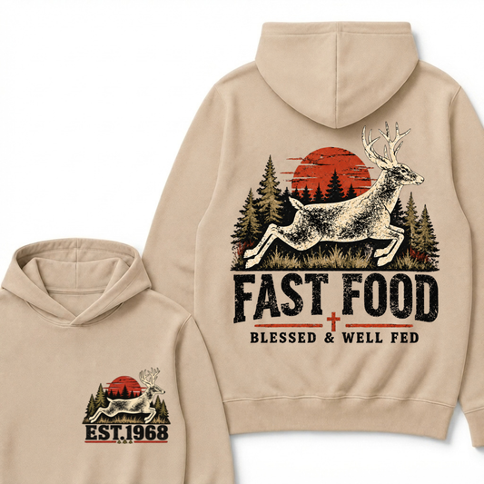 Fast Food Deer Hunting Hoodie, Blessed & Well Fed Vintage Sunset Forest EST.Year Christian Hunter Graphic Hooded