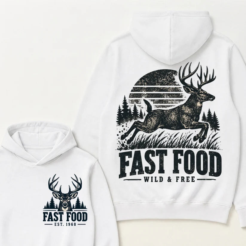 Fast Food Wild & Free Deer Hunting Hoodie EST.Year Vintage Buck Hunter Forest Graphic Hoodie