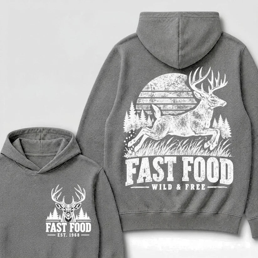 Fast Food Wild & Free Deer Hunting Hoodie EST.Year Vintage Buck Hunter Forest Graphic Hoodie