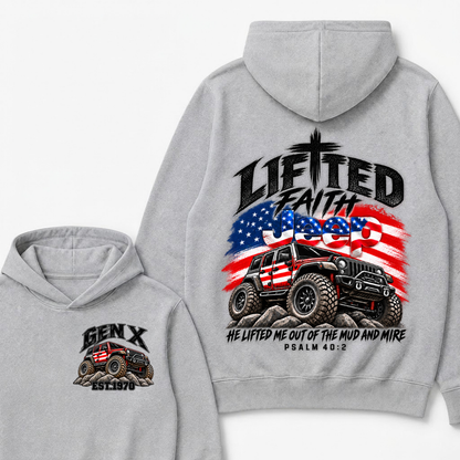 Lifted Faith Jeep He Lifted Me Out Of The Mud And Mire Psalm 40:2 Gen X Est. Year Hoodie