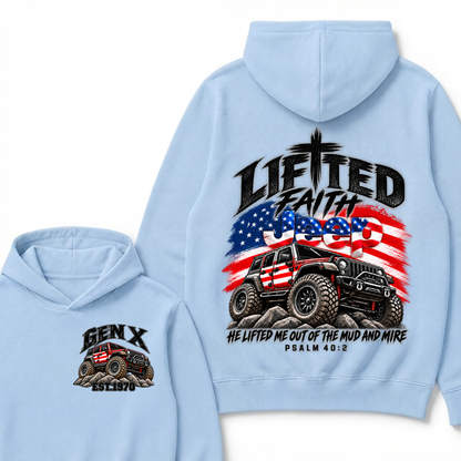 Lifted Faith Jeep He Lifted Me Out Of The Mud And Mire Psalm 40:2 Gen X Est. Year Hoodie