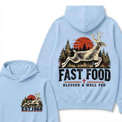 Fast Food Deer Hunting Hoodie, Blessed & Well Fed Vintage Sunset Forest EST.Year Christian Hunter Graphic Hooded