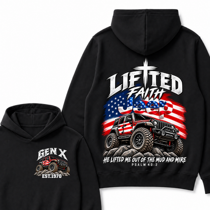 Lifted Faith Jeep He Lifted Me Out Of The Mud And Mire Psalm 40:2 Gen X Est. Year Hoodie