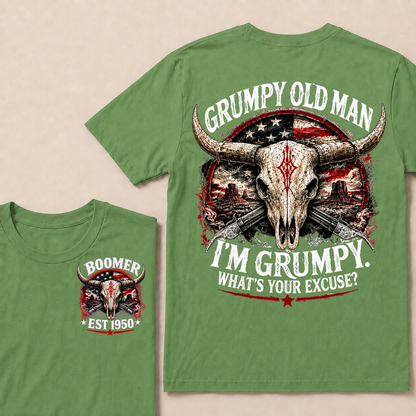 Grumpy Old Man I'm Grumpy What's Your Excuse Boomer EST.Year American Flag Longhorn Skull Western Desert Double Sided Print T-Shirt
