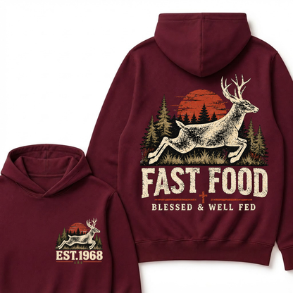Fast Food Deer Hunting Hoodie, Blessed & Well Fed Vintage Sunset Forest EST.Year Christian Hunter Graphic Hooded