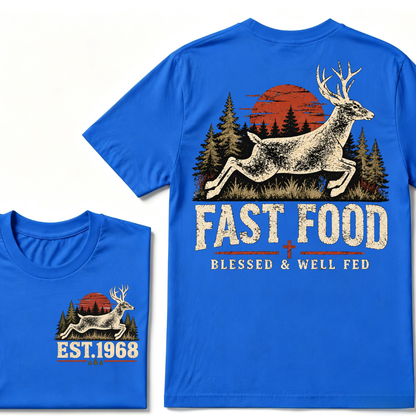 Fast Food Deer Hunting T-Shirt, Blessed & Well Fed Vintage Sunset Forest EST.Year Christian Hunter Graphic Tee