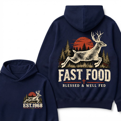 Fast Food Deer Hunting Hoodie, Blessed & Well Fed Vintage Sunset Forest EST.Year Christian Hunter Graphic Hooded