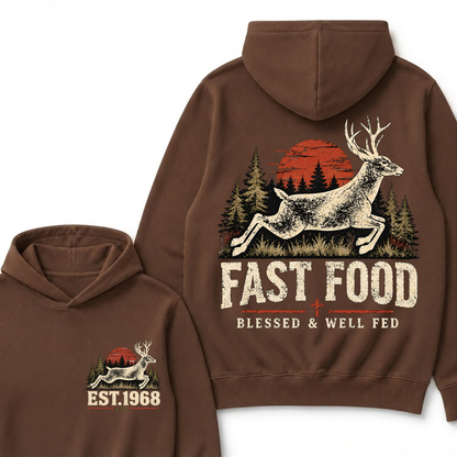 Fast Food Deer Hunting Hoodie, Blessed & Well Fed Vintage Sunset Forest EST.Year Christian Hunter Graphic Hooded