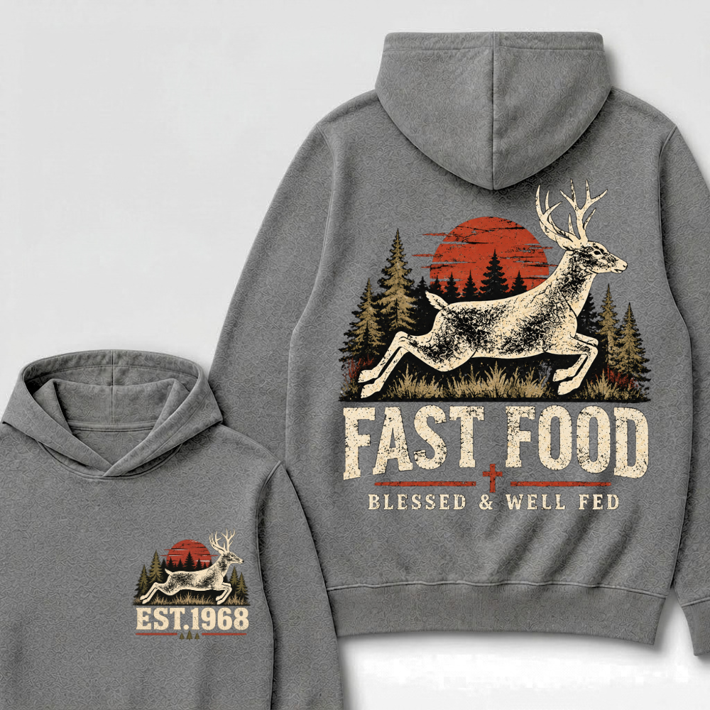 Fast Food Deer Hunting Hoodie, Blessed & Well Fed Vintage Sunset Forest EST.Year Christian Hunter Graphic Hooded