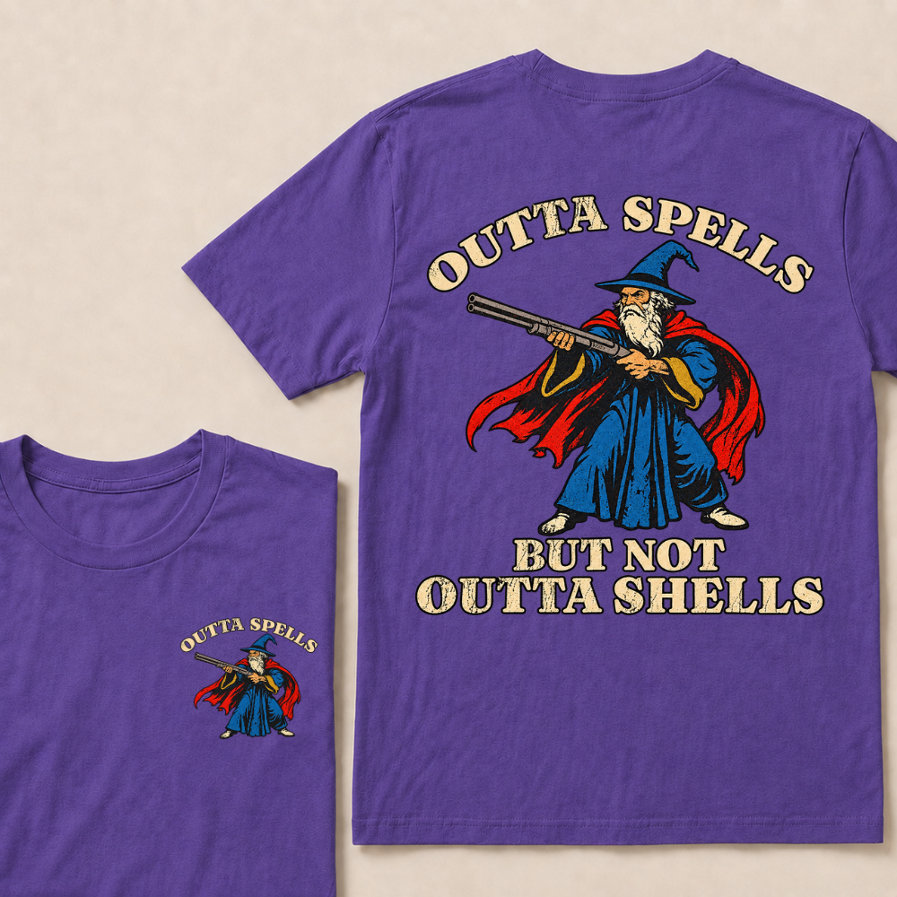 Outta Spells But Not Outta Shells Wizard Fantasy T Shirt