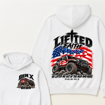 Lifted Faith Jeep He Lifted Me Out Of The Mud And Mire Psalm 40:2 Gen X Est. Year Hoodie