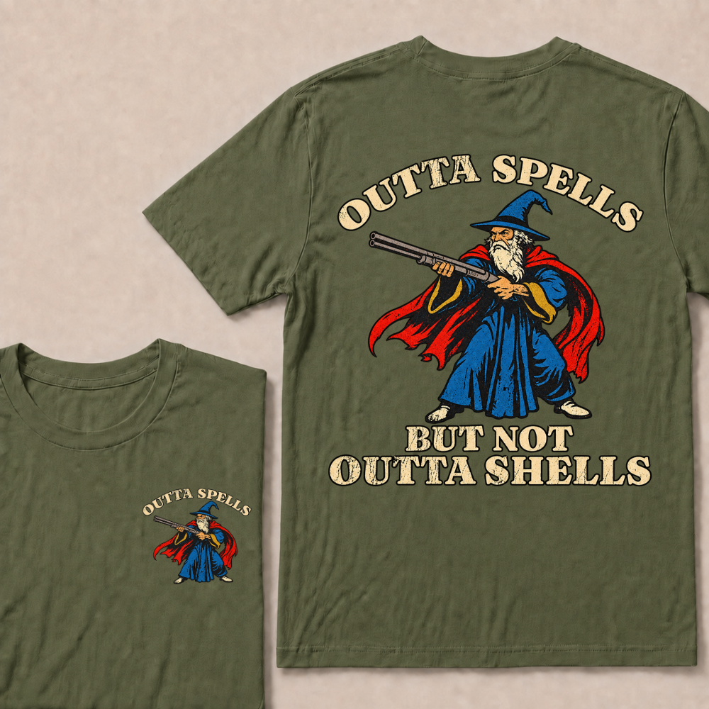 Outta Spells But Not Outta Shells Wizard Fantasy T Shirt