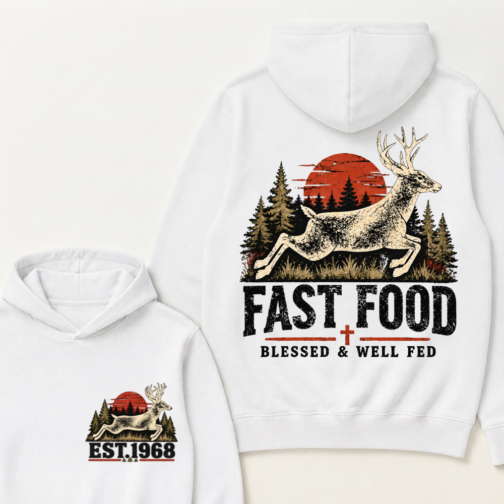 Fast Food Deer Hunting Hoodie, Blessed & Well Fed Vintage Sunset Forest EST.Year Christian Hunter Graphic Hooded