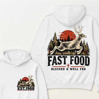 Fast Food Deer Hunting Hoodie, Blessed & Well Fed Vintage Sunset Forest EST.Year Christian Hunter Graphic Hooded