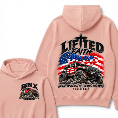 Lifted Faith Jeep He Lifted Me Out Of The Mud And Mire Psalm 40:2 Gen X Est. Year Hoodie