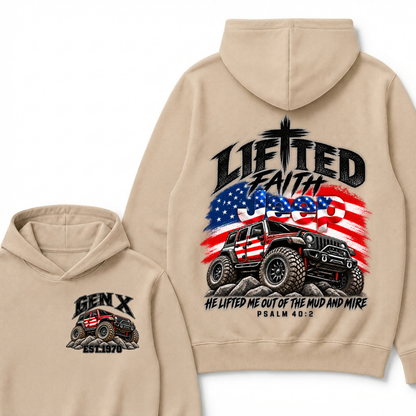 Lifted Faith Jeep He Lifted Me Out Of The Mud And Mire Psalm 40:2 Gen X Est. Year Hoodie