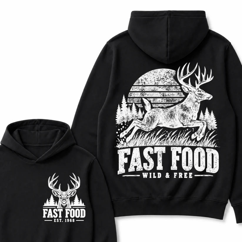 Fast Food Wild & Free Deer Hunting Hoodie EST.Year Vintage Buck Hunter Forest Graphic Hoodie