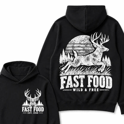 Fast Food Wild & Free Deer Hunting Hoodie EST.Year Vintage Buck Hunter Forest Graphic Hoodie