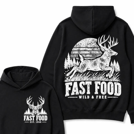 Fast Food Wild & Free Deer Hunting Hoodie EST.Year Vintage Buck Hunter Forest Graphic Hoodie
