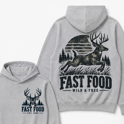Fast Food Wild & Free Deer Hunting Hoodie EST.Year Vintage Buck Hunter Forest Graphic Hoodie