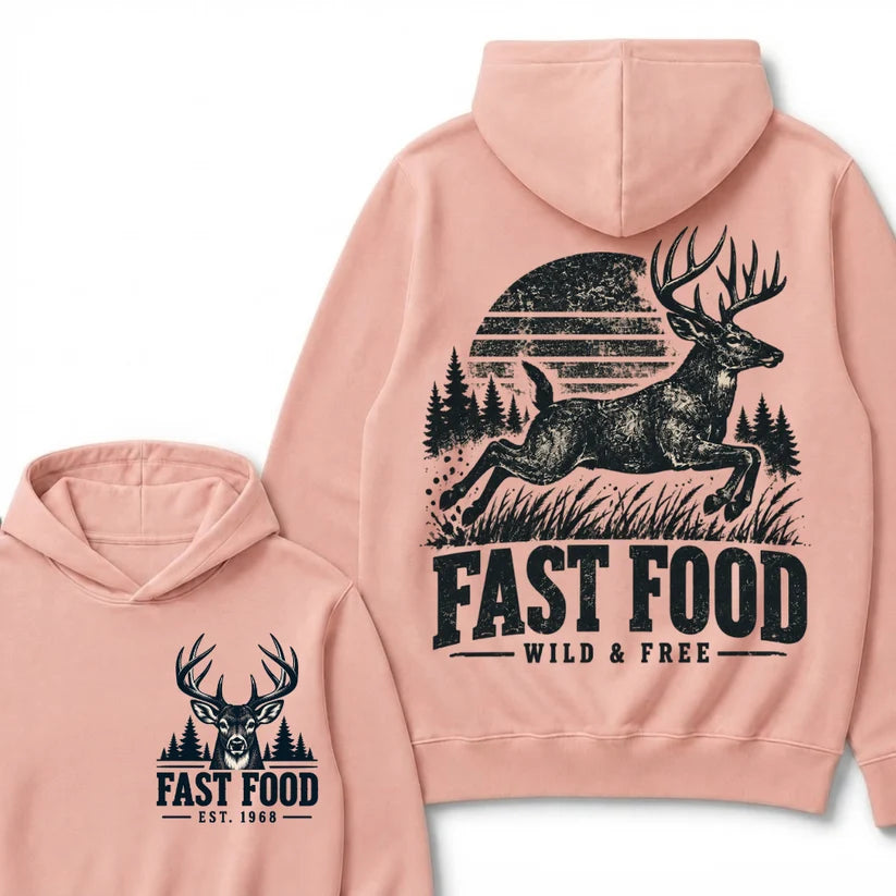 Fast Food Wild & Free Deer Hunting Hoodie EST.Year Vintage Buck Hunter Forest Graphic Hoodie