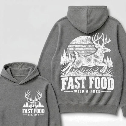 Fast Food Wild & Free Deer Hunting Hoodie EST.Year Vintage Buck Hunter Forest Graphic Hoodie