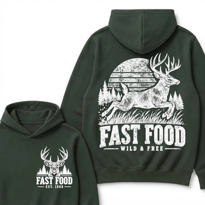 Fast Food Wild & Free Deer Hunting Hoodie EST.Year Vintage Buck Hunter Forest Graphic Hoodie